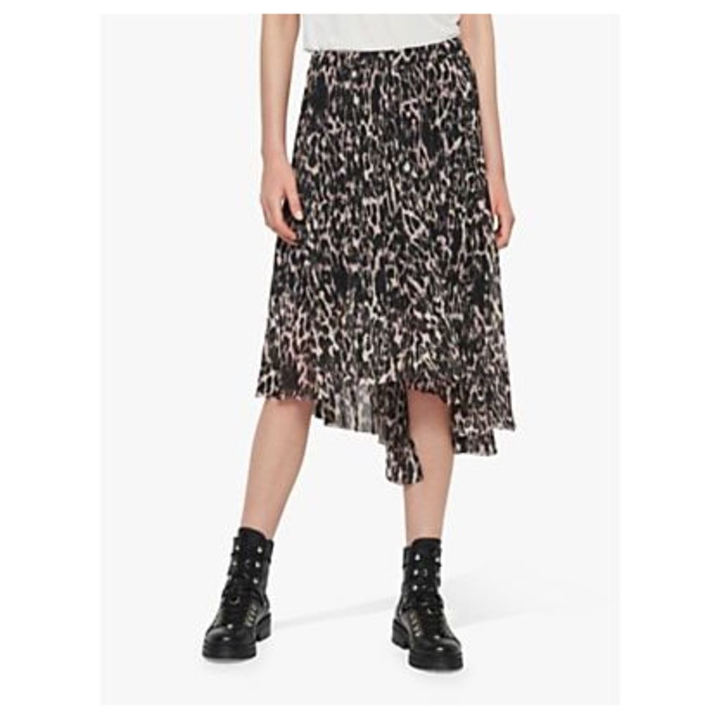 AllSaints Leopard Asymmetric Pleated Midi Skirt, Multi