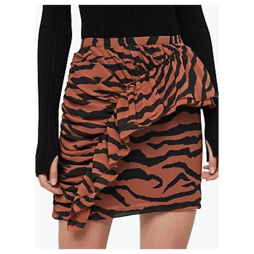 AllSaints Zephyr Tiger Ruffle Skirt, Toffee Brown/Black