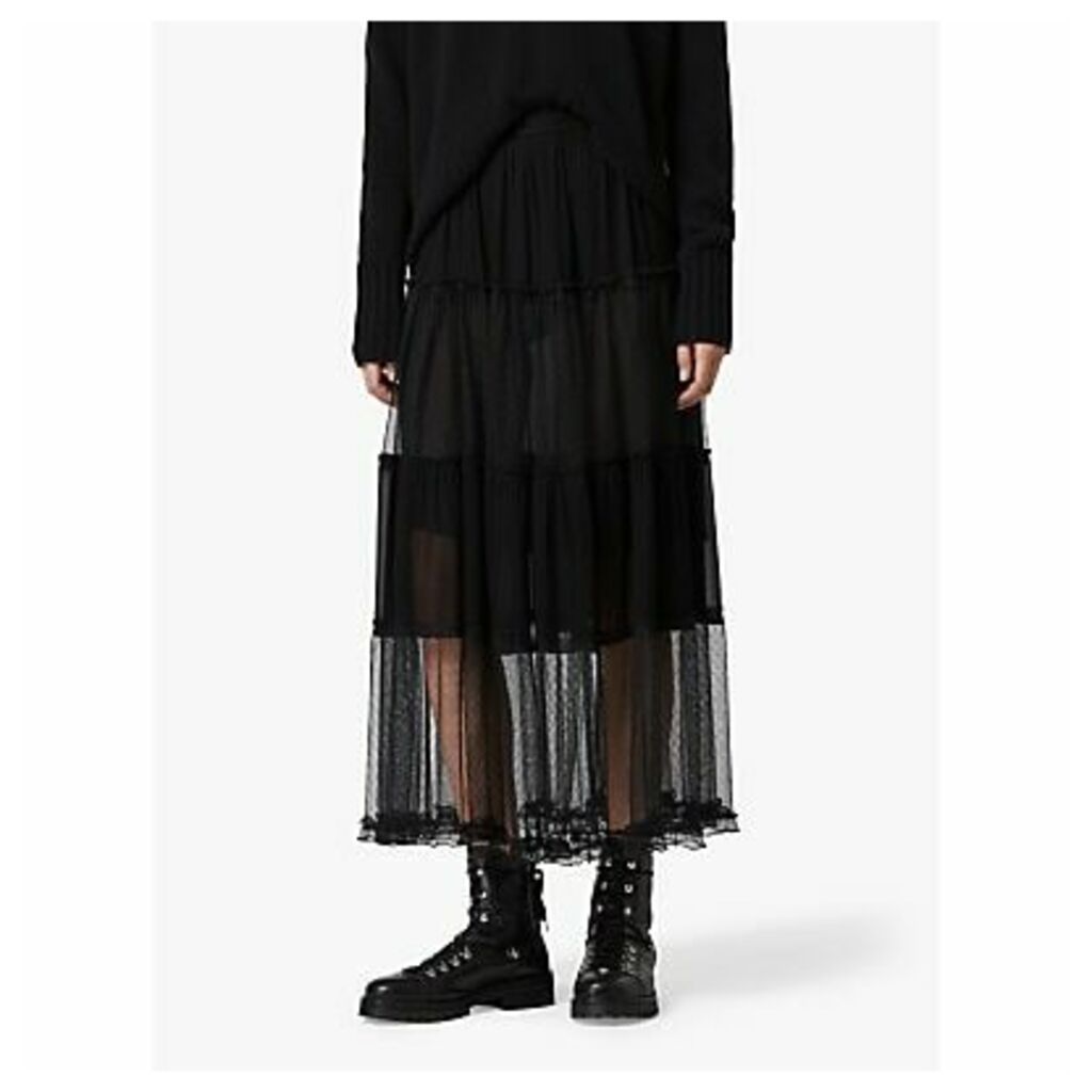 AllSaints Renia Polka Dot Mesh Tiered Midi Skirt, Black