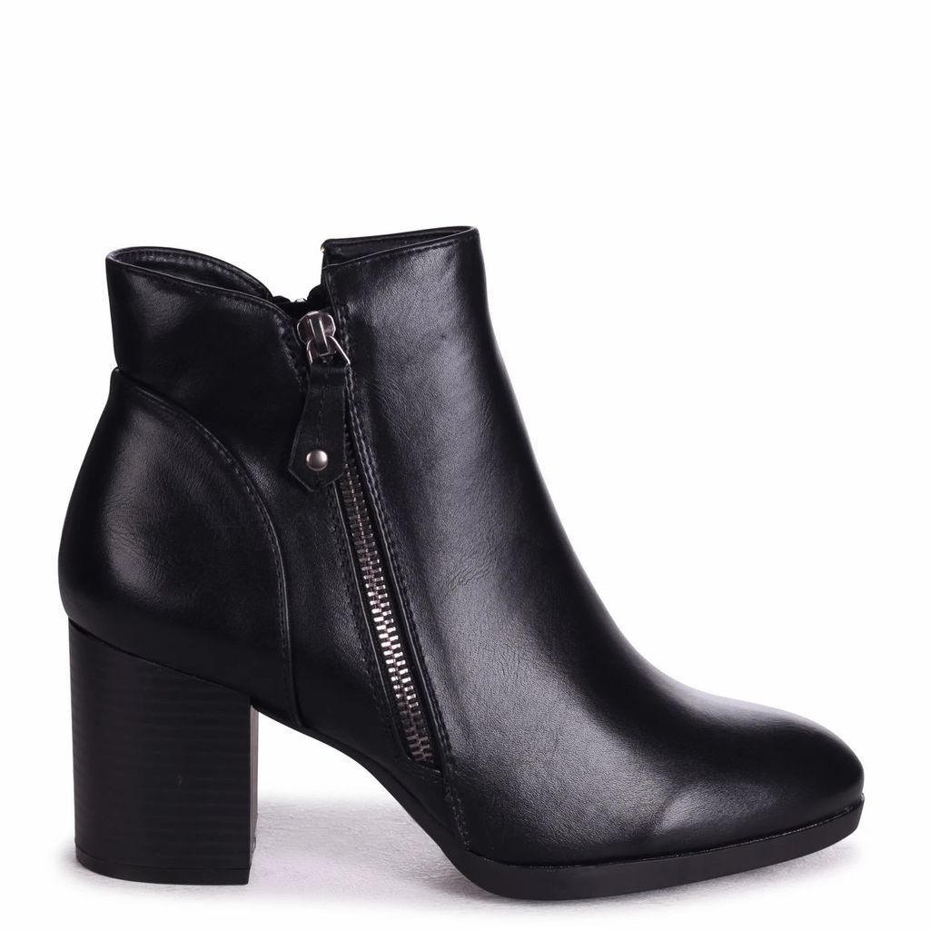 HALLIE - Black Nappa Stacked Block Heeled Ankle Boot With Outer Zip Detail