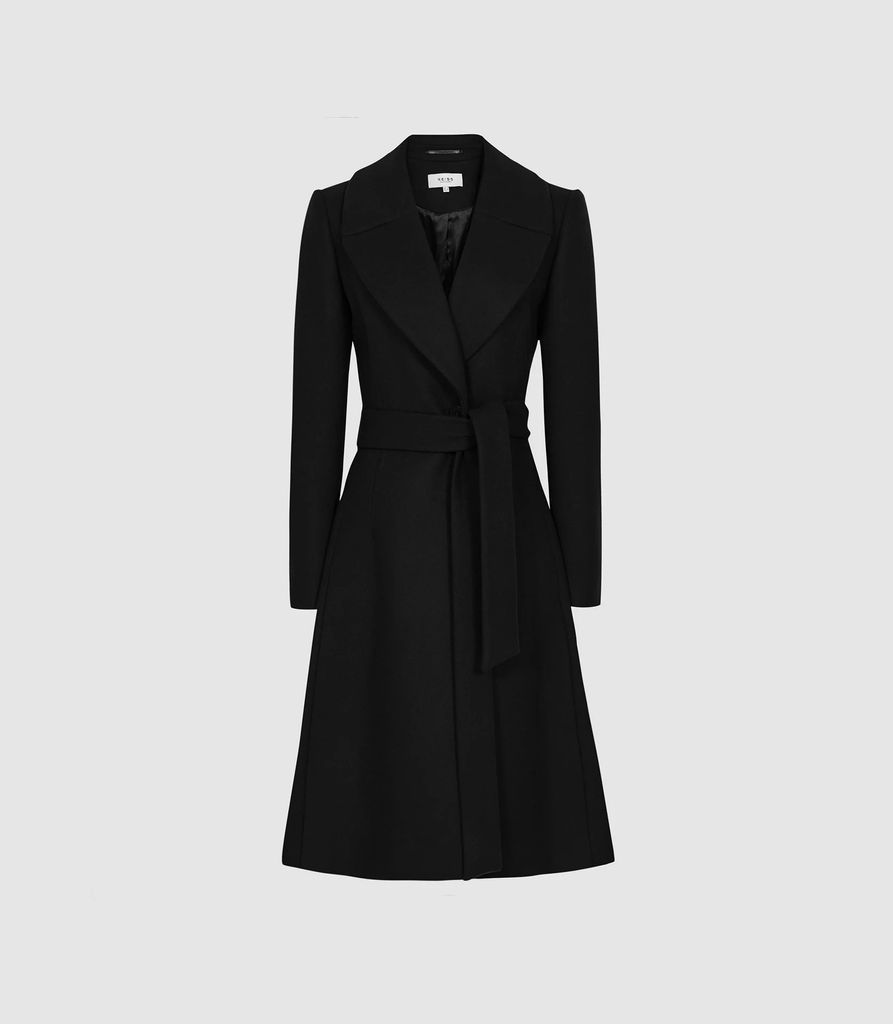 Hessie - Wool Blend Belted Overcoat in Black, Womens, Size 4