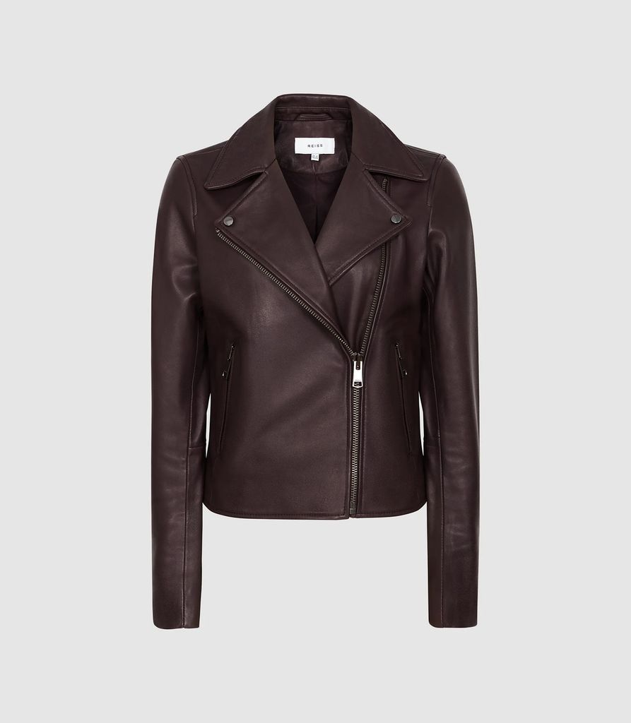 Geo - Leather Biker Jacket in Oxblood, Womens, Size 4