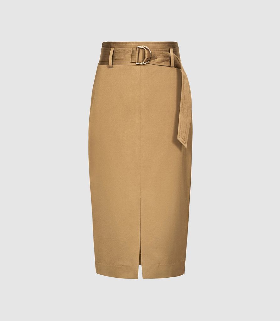 Bryn - Satin Belted Midi Skirt in Gold, Womens, Size 4