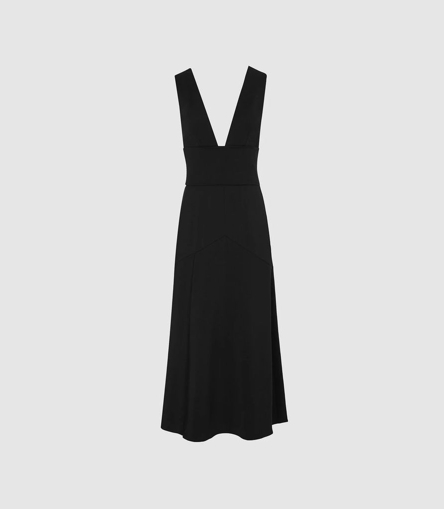 Adele - Plunge Neckline Midi Dress in Black, Womens, Size 12