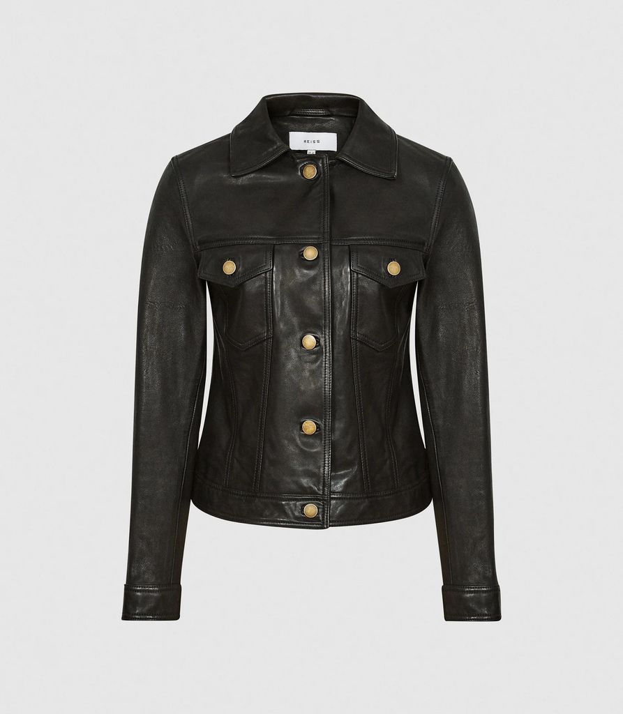 Piper - Leather Trucker Jacket in Black, Womens, Size 4