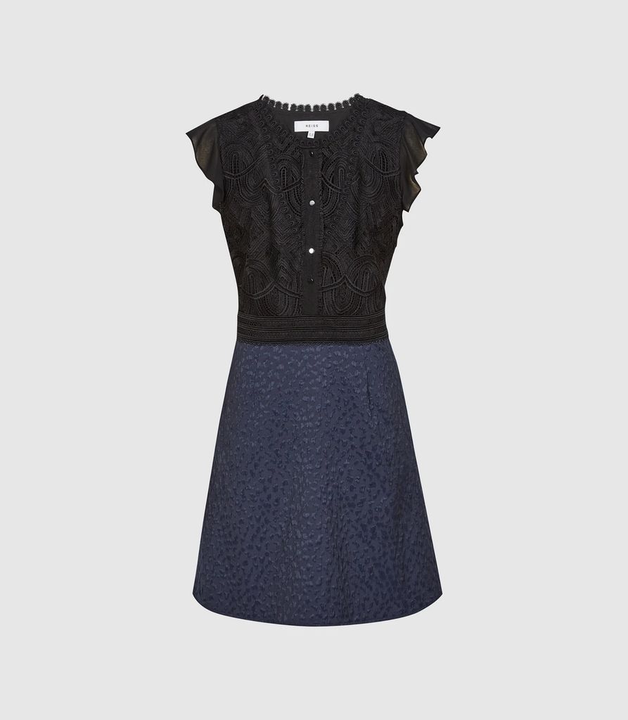 Hazel - Ruffle Detailed Mini Dress in Navy/Black, Womens, Size 4