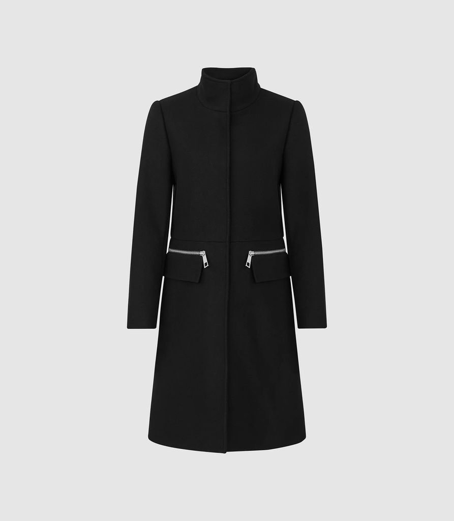 Macey - Wool Blend Funnel Neck Coat in Black, Womens, Size 4
