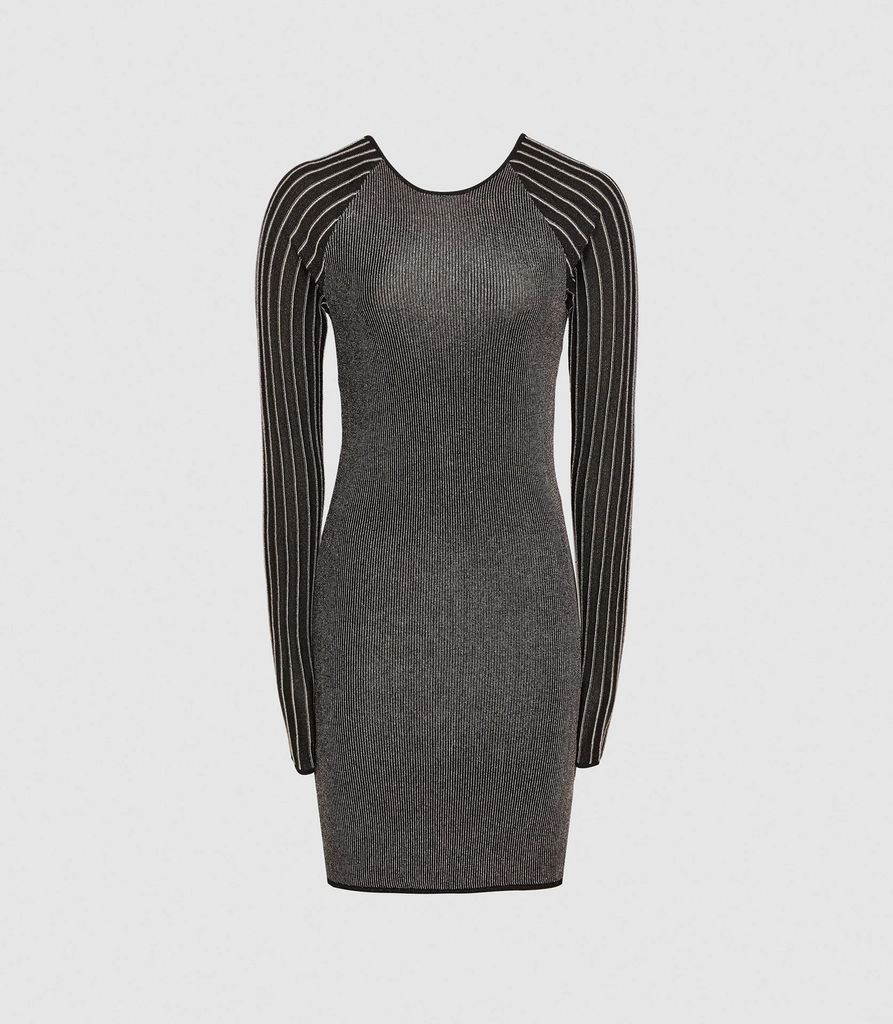 Marina - Metallic Knitted Bodycon Dress in Black/Gold, Womens, Size XS