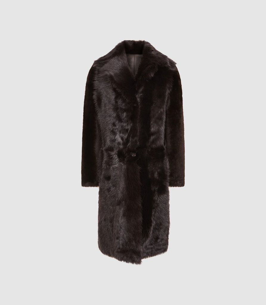 Darcy - Reversible Longline Shearling Coat in Chocolate, Womens, Size XS
