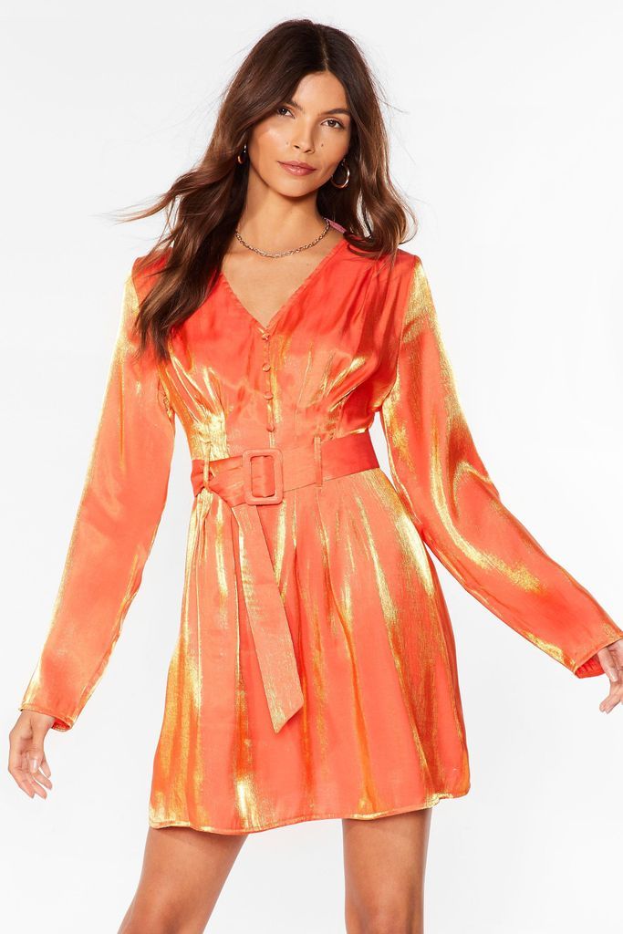 Womens Metallic Long Sleeve Belted Mini Dress - Orange - 6, Orange