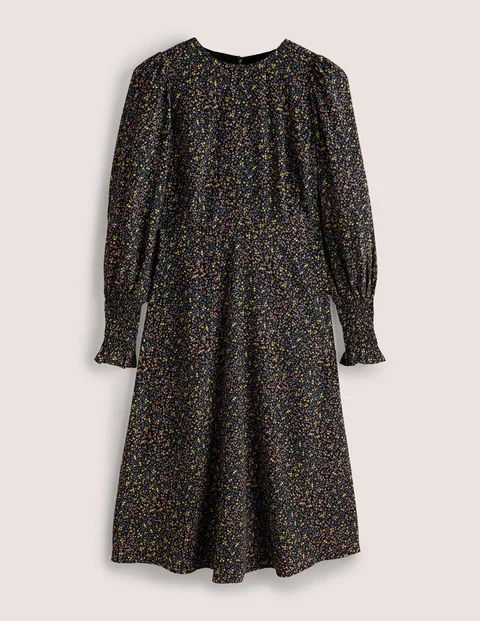 Smocked Cuff Midi Dress Black Women Boden, Black, Wild Vine