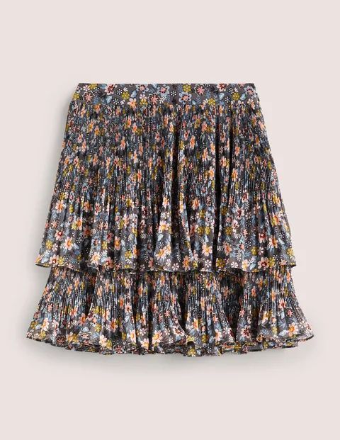 Plisse Mini Skirt Grey Women Boden, Graphite, Opulent Leaf