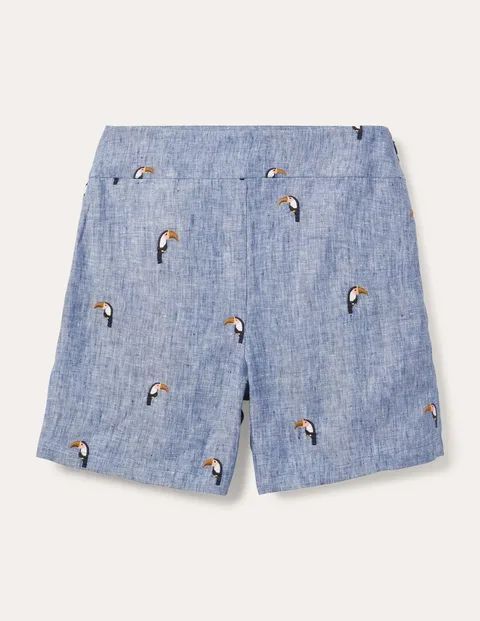 Hornsea Linen Shorts Blue Women Boden, Chambray with Toucans