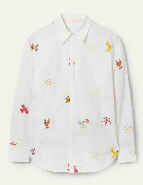 Relaxed Cotton Shirt Multicouloured Women Boden, White, Bird Embroidered