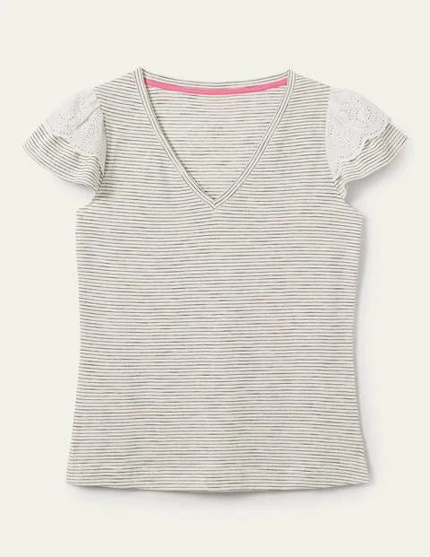 Broderie Cotton V-Neck T-Shirt Ivory Women Boden, Ivory / Navy Stripe