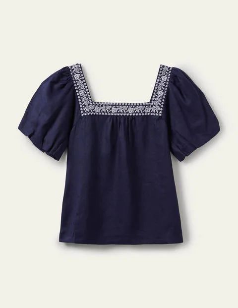 Square Neck Linen Top Navy Women Boden, Navy Embroidery