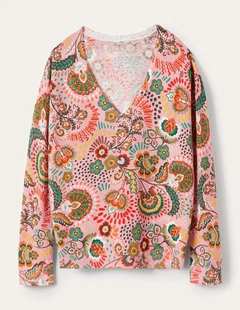 Relaxed Printed V-neck Jumper Pink Women Boden, Formica Pink, Meadow