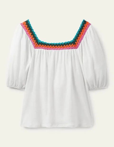 Crochet Trim Puff Sleeve Top White Women Boden, White