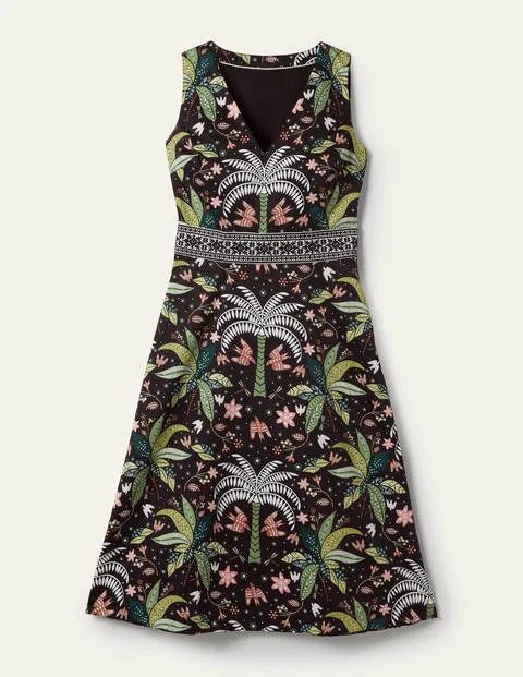 Embroidered Waist Midi Dress Black Women Boden, Black, Oriental Palm