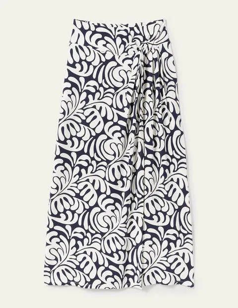 Knot Waist Jersey Midi Skirt Navy Women Boden, French Navy, Palm Swirl