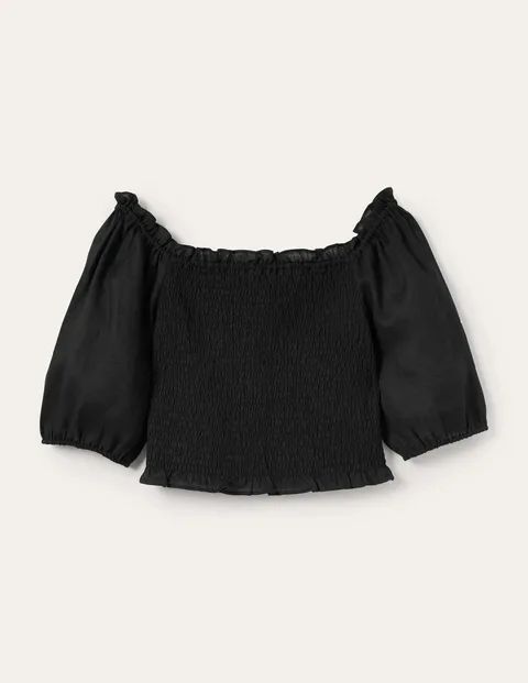 Carrie Smocked Linen Top Black Women Boden, Black