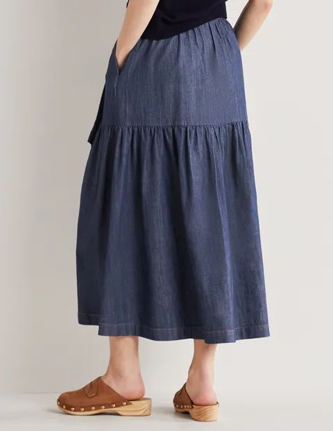 Tiered Belted Midi Skirt Denim Women Boden, Mid Vintage Denim
