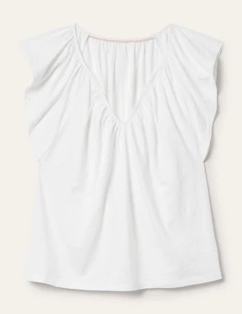 Flutter Sleeve V-neck T-shirt White Women Boden, White
