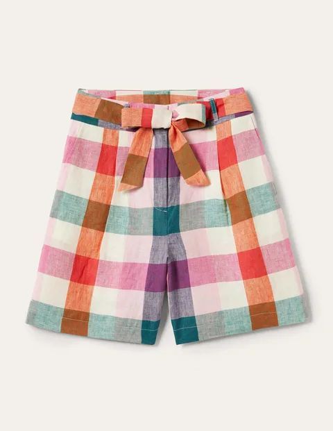 Alma Tie Waist Linen Shorts Pink Women Boden, Bonbon Pink, Flambe Check