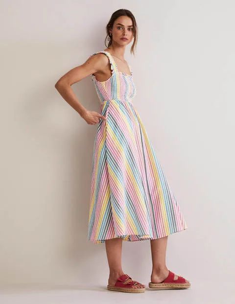 Smock Detail Stripe Midi Dress Rainbow Women Boden, Rainbow Seersucker