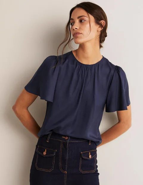 Flutter Sleeve Crew Neck Top Navy Women Boden, Navy