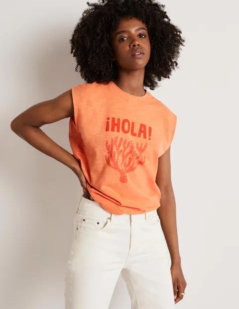 Grown On Sleeve Cotton T-shirt Orange Women Boden, Dusty Orange