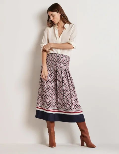 Pleated Printed Midi Skirt Navy Women Boden, Almond Pink, French Navy Geo