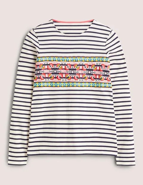 Embroidered Breton Top Ivory Women Boden, Ivory/Navy, Multi Embroidery