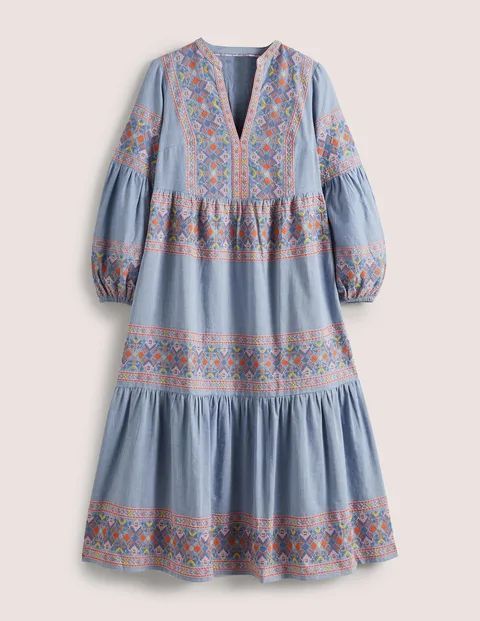 Tiered Embroidered Maxi Dress Light Blue Women Boden, Light Chambray