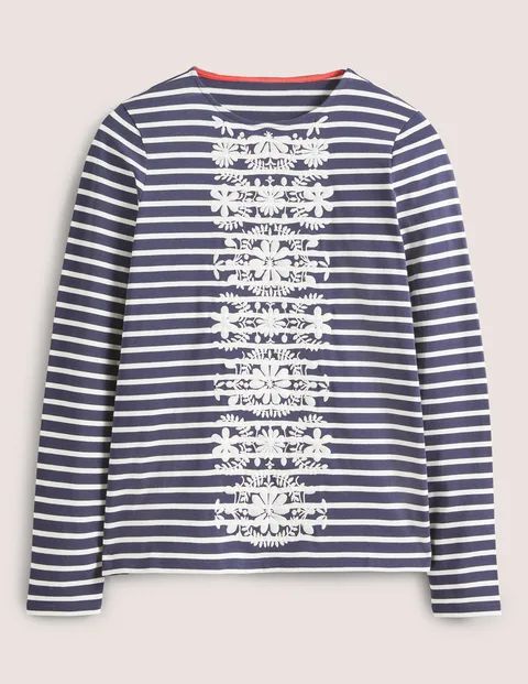 Embroidered Breton Top Ivory Women Boden, Navy/Ivory, Floral Embroidery