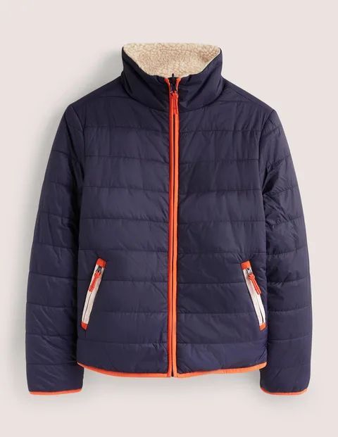 Reversible Borg Puffer Jacket Navy Women Boden, Navy and Tigerlily Red