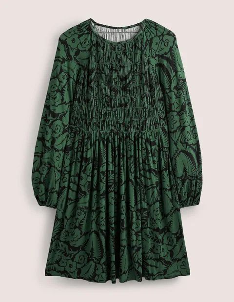Smocked Bodice Jersey Dress Green Women Boden, Green, Abstract Garden