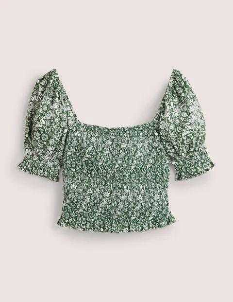 Square Neck Smocked Jersey Top Green Women Boden, Hunter Green, Pretty Paradise