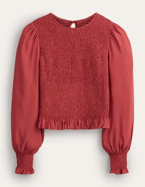 Crew Neck Smocked Bodice Top Red Women Boden, Chili Oil