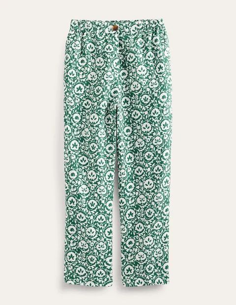 Pull-on Linen Trousers Green Women Boden, Green, Enchanting Bloom