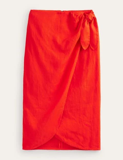 Wrap-Front Linen Midi Skirt Orange Women Boden, Orange Sunset