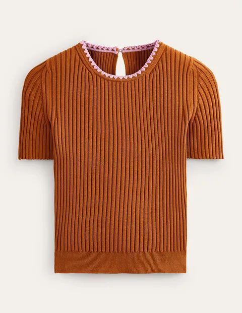 Crochet-Trim Knitted T-Shirt Brown Women Boden, Pumpkin