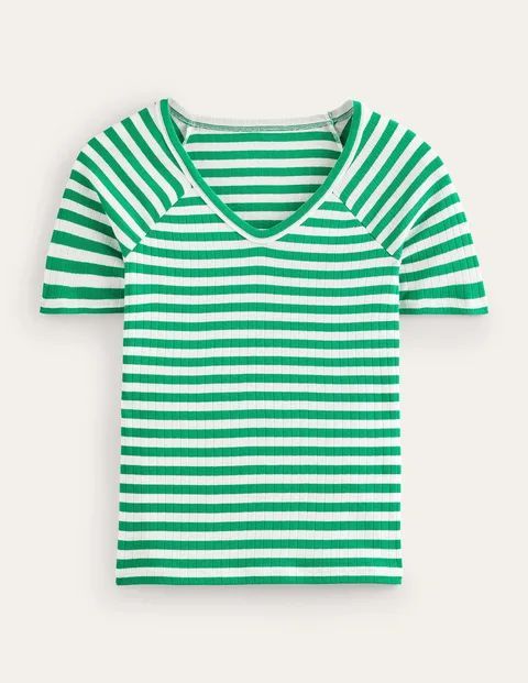 Anna Rib V-Neck T-Shirt Green Women Boden, Meadow Green, Ivory Stripe