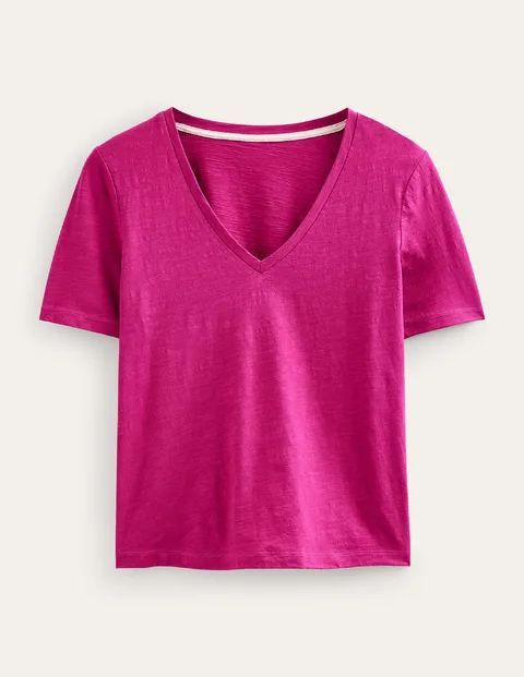 Regular V-Neck Slub T-shirt Pink Women Boden, Festival Fuchsia