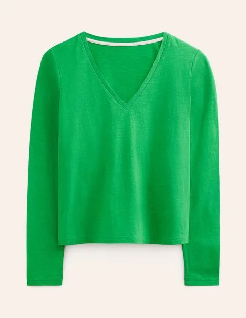 Cotton V-Neck Long Sleeve Top Green Women Boden, Bright Green
