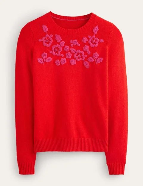 Embroidered Crew Neck Jumper Red Women Boden, Brilliant Red