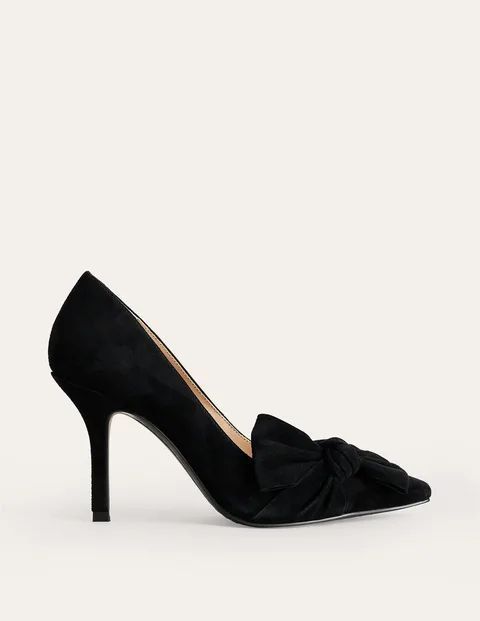 Suede-Bow Heeled Courts Black Women Boden, Black Suede