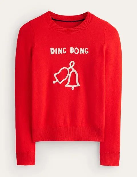 Festive Embroidered Jumper Red Women Boden, Brilliant Red, Ding Dong