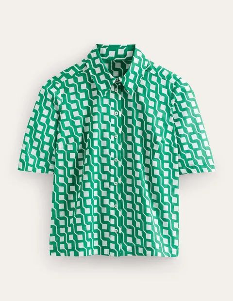 Short Sleeve Cotton Shirt Green Women Boden, Bright Emerald, Cube Geo