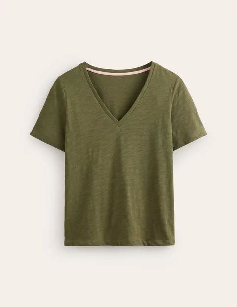 Regular V-Neck Slub T-shirt Green Women Boden, Winter Moss